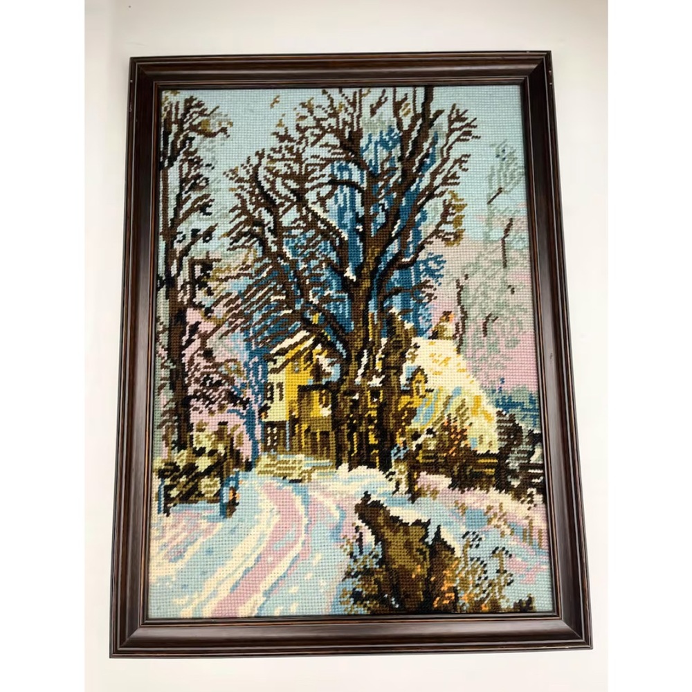 Vintage Framed  Needlepoint 19,5”x14,5”/Winter  Landscape Tapestry/Snow Scene
